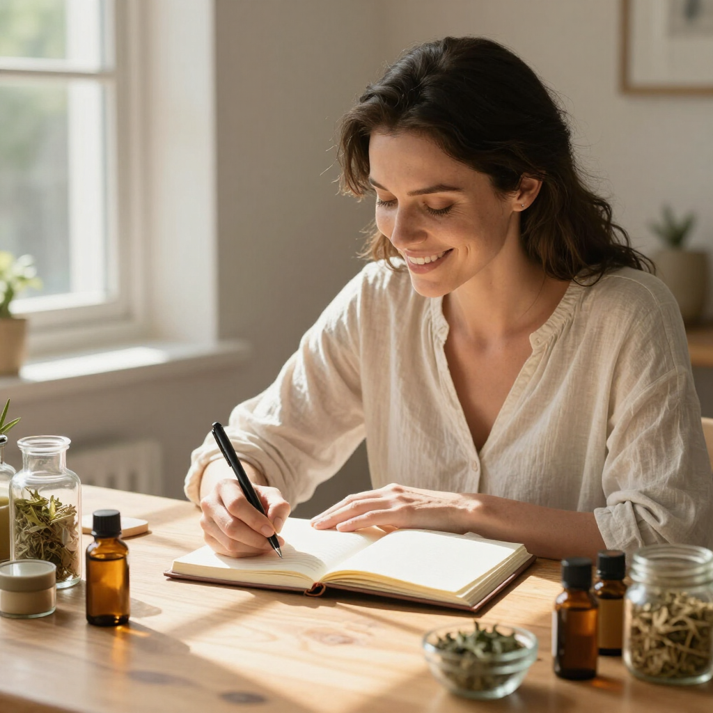 Woman writing in a notebook at a sunlit wooden table with herbs and glass bottles nearby