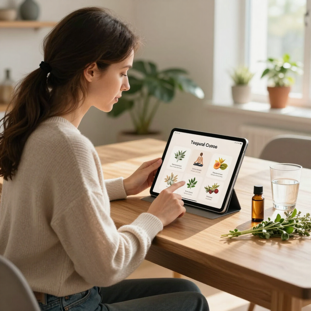 Woman using a tablet at a sunlit table with plant-based food images and herbs nearby
