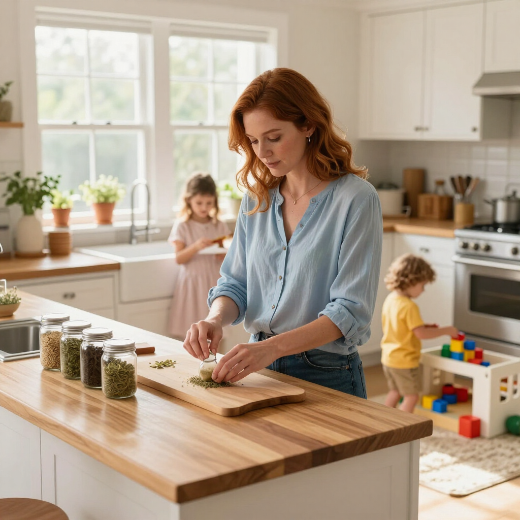 Woman chopping vegetables in a bright kitchen while two children play nearby
