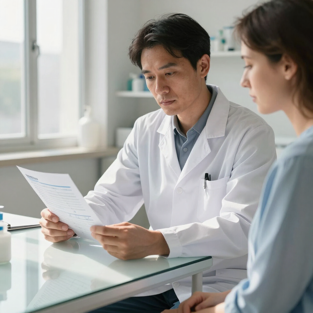 Doctor reviewing a document with a patient in a bright clinic office