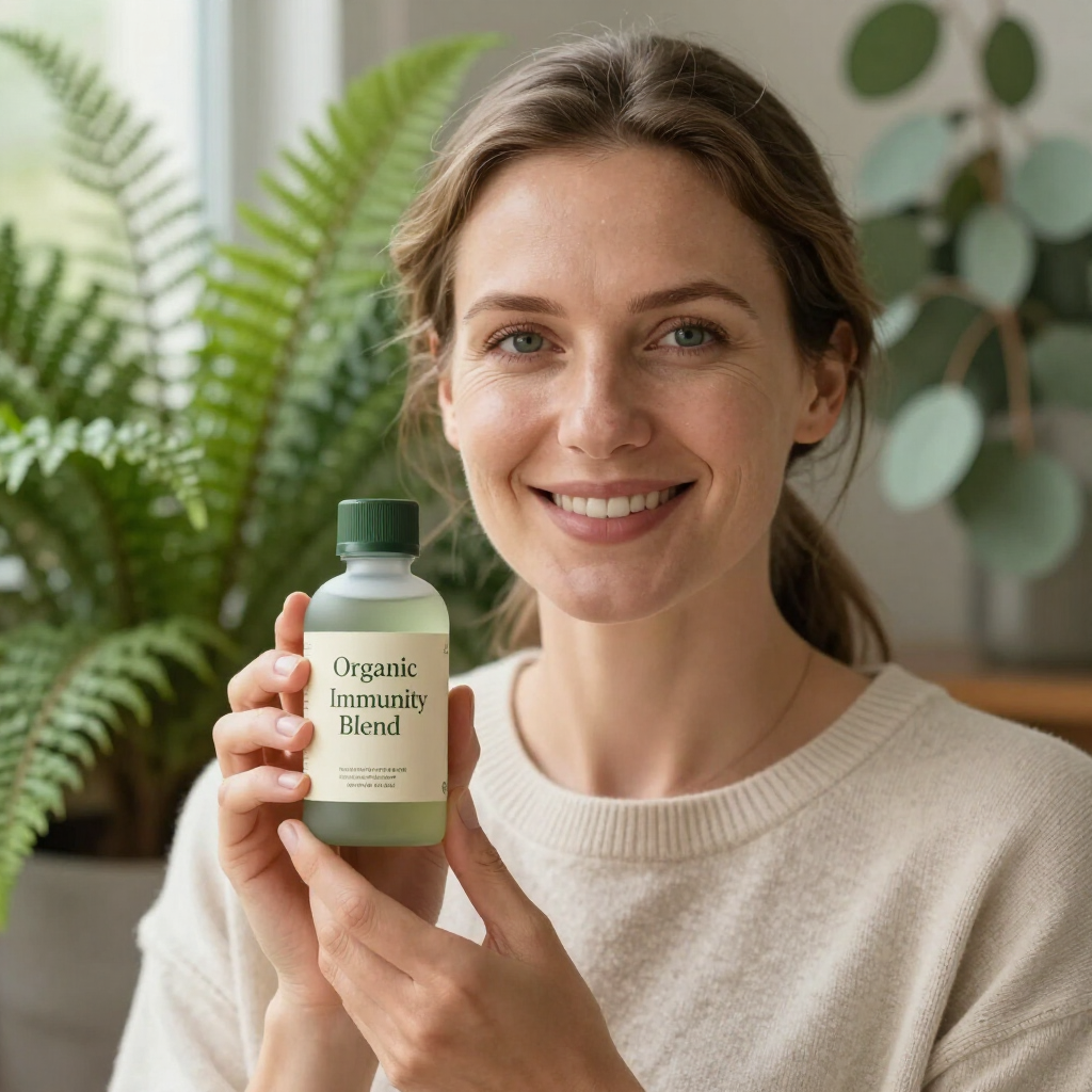Woman smiling and holding a green bottle in front of leafy plants indoors
