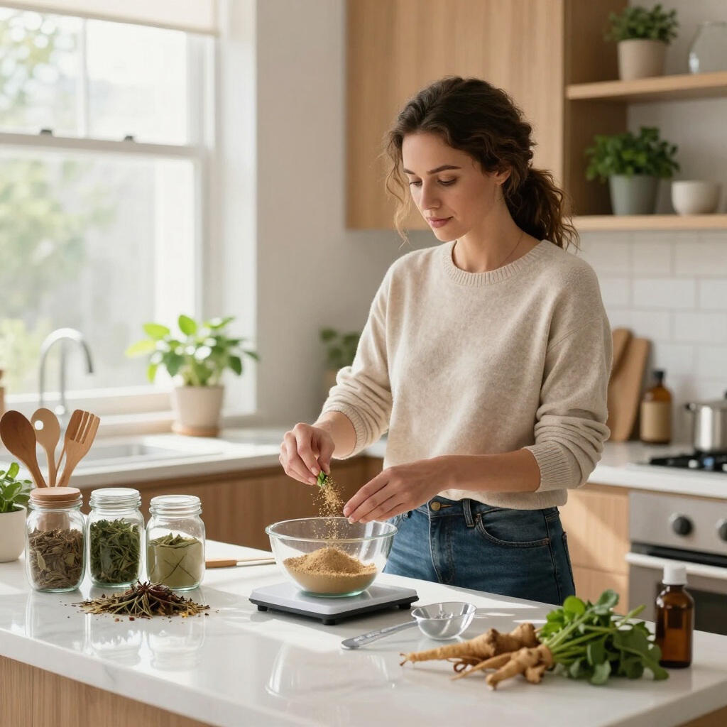 Person cooking in a bright kitchen, mixing ingredients at a counter with jars, herbs, and fresh vegetables nearby