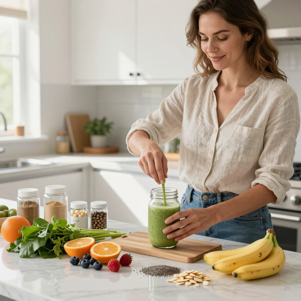 Woman in a bright kitchen blending a green smoothie with fresh fruit and oats on the counter