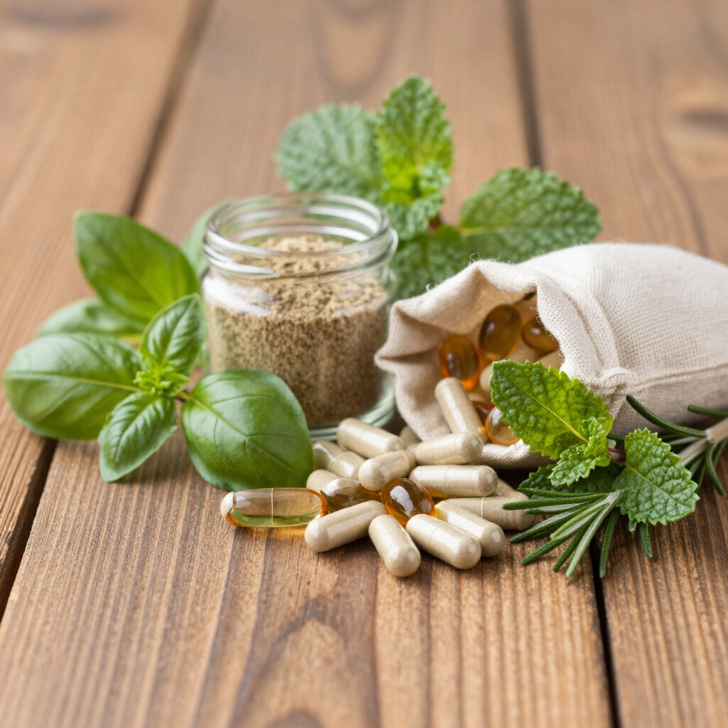Herbal supplement capsules with fresh basil and mint leaves on a wooden table
