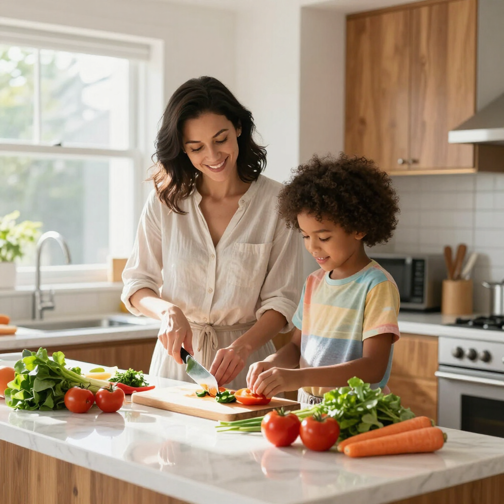 Woman and child chopping vegetables together in a bright kitchen