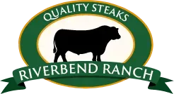 Riverbend Ranch logo with black cattle silhouette inside green and gold oval emblem