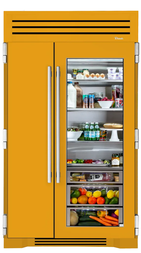 A yellow refrigerator with a glass door filled with fruits and vegetables.