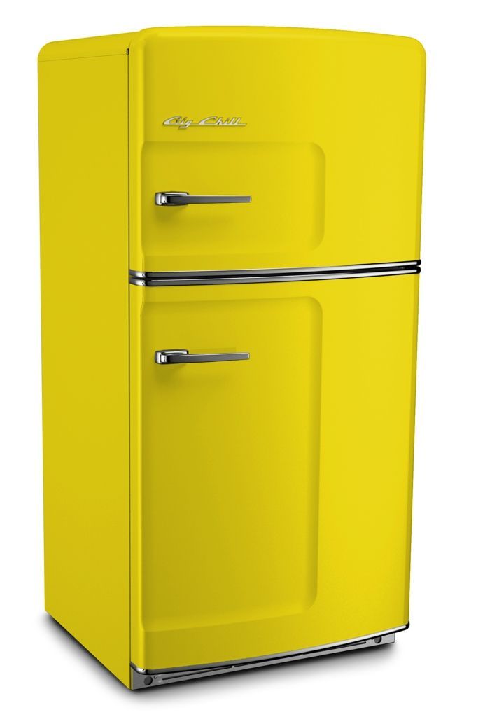 A yellow refrigerator with a silver handle on a white background