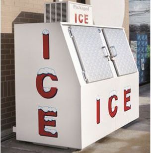 A white box with red letters that says ice