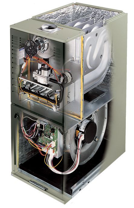 A picture of the inside of a gas furnace.
