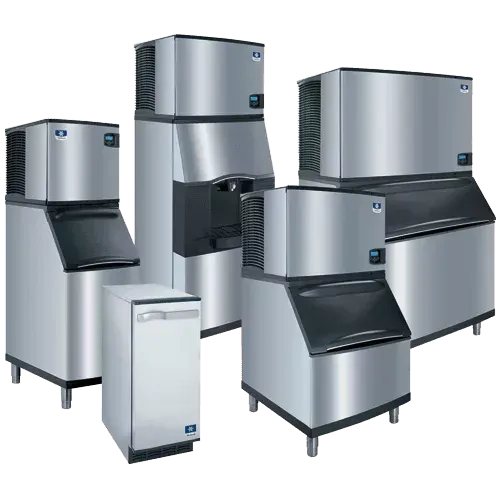 A group of ice machines are sitting next to each other on a white background.