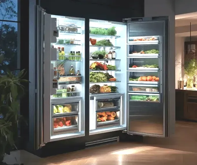 A large stainless steel refrigerator filled with fruits and vegetables