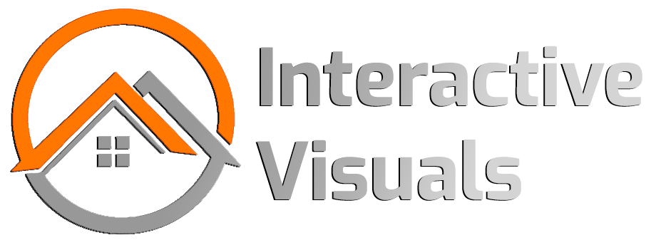 Logo with house inside a circle; orange and gray colors. Text