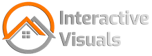 Logo with house inside a circle; orange and gray colors. Text