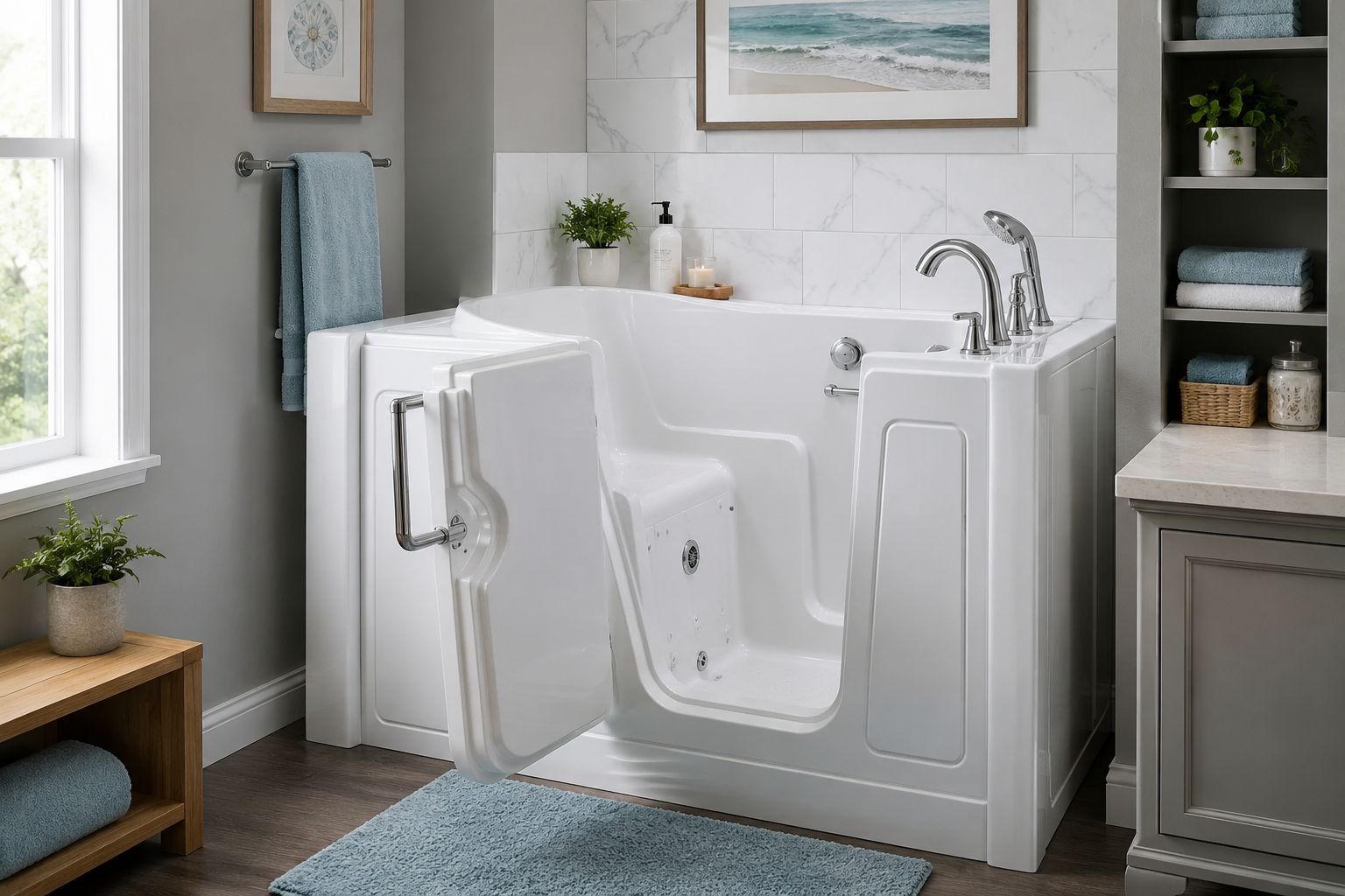 Walk-in bathtub in a bright bathroom with white tile, towels, and a wooden bench