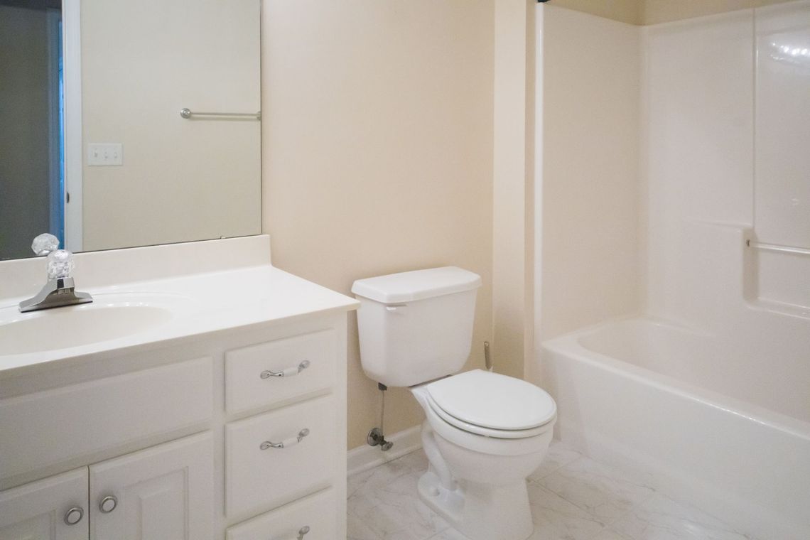 White bathroom with a vanity, toilet, and bathtub.