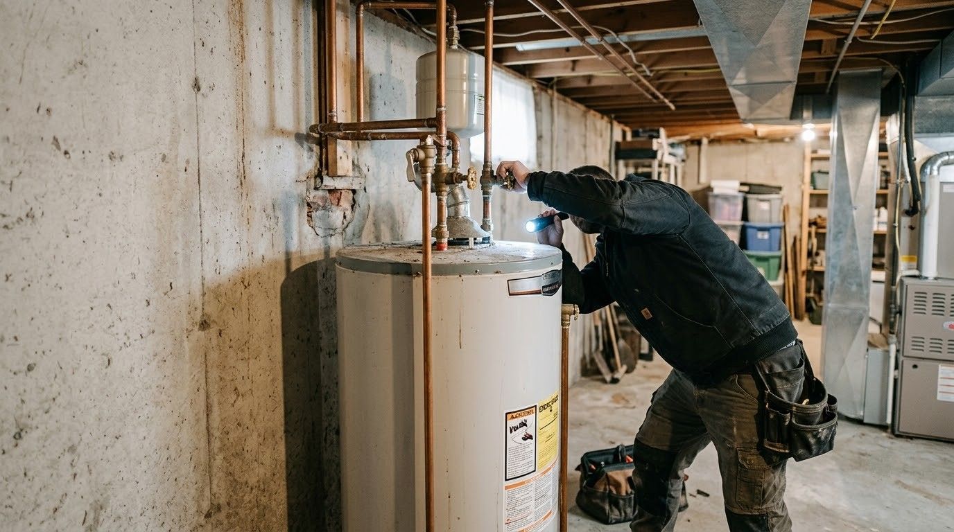 Worker kneels beside a water heater, using a tool in a basement utility room.