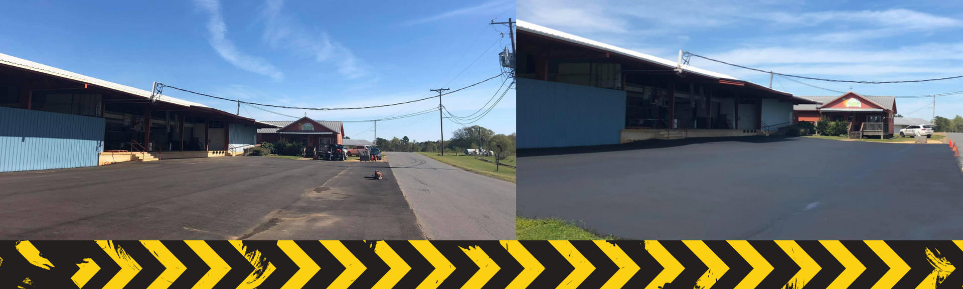 A split-view showing a before-and-after of a freshly paved black asphalt parking lot in front of a long commercial building.