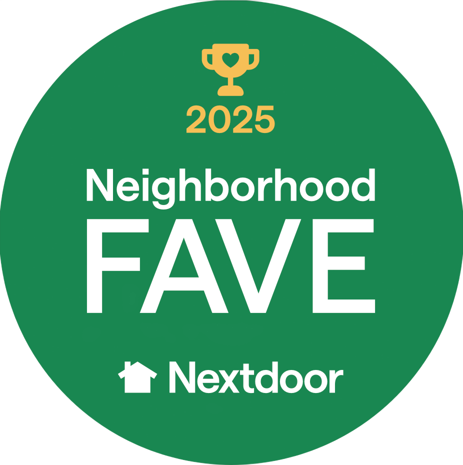 A circular green emblem with a gold trophy icon, the text