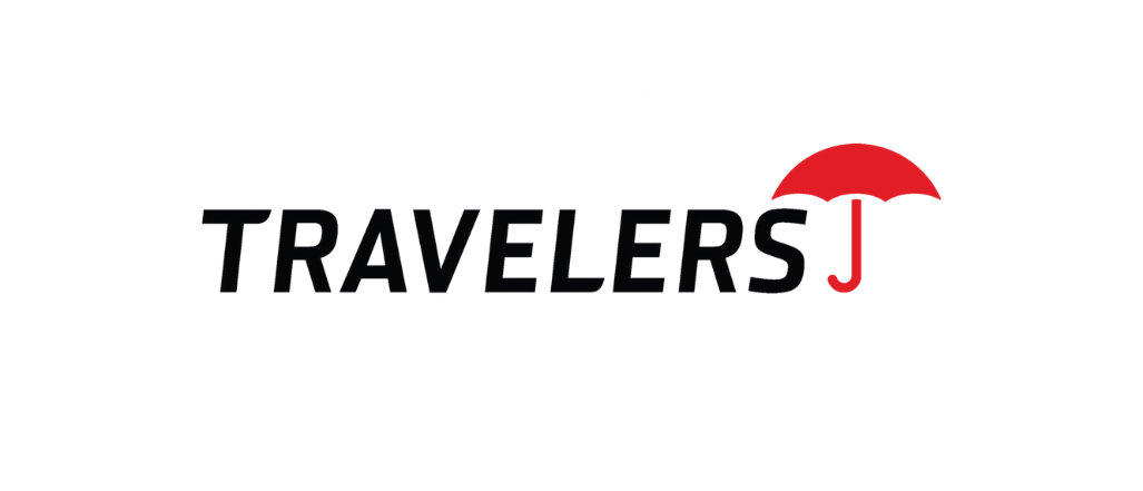 Travelers Insurance logo with black text and a red umbrella icon.