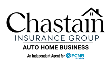 Chastain Insurance Group logo: Text and house graphic, advertising auto, home, and business insurance. 