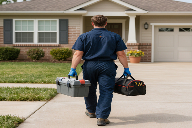 HVAC technician walking up a driveway with tool cases toward a suburban house