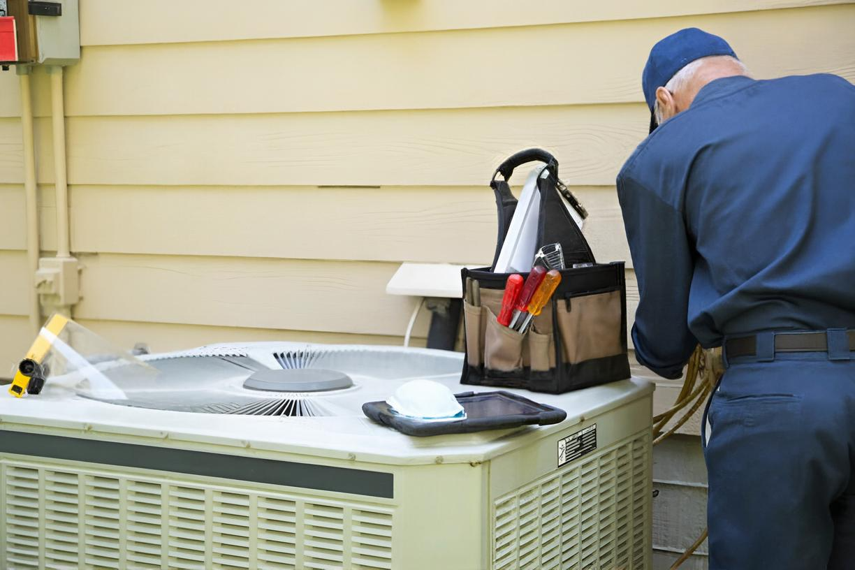 Technician working on an outdoor air conditioning unit beside a house, with tools on top