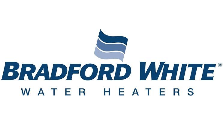 Bradford White Water Heaters logo in blue with a wavy flag icon on a white background