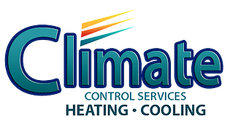 Climate Control Services heating and cooling logo in blue and green with yellow accents