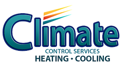 Climate Control Services heating and cooling logo in blue and green with yellow accents