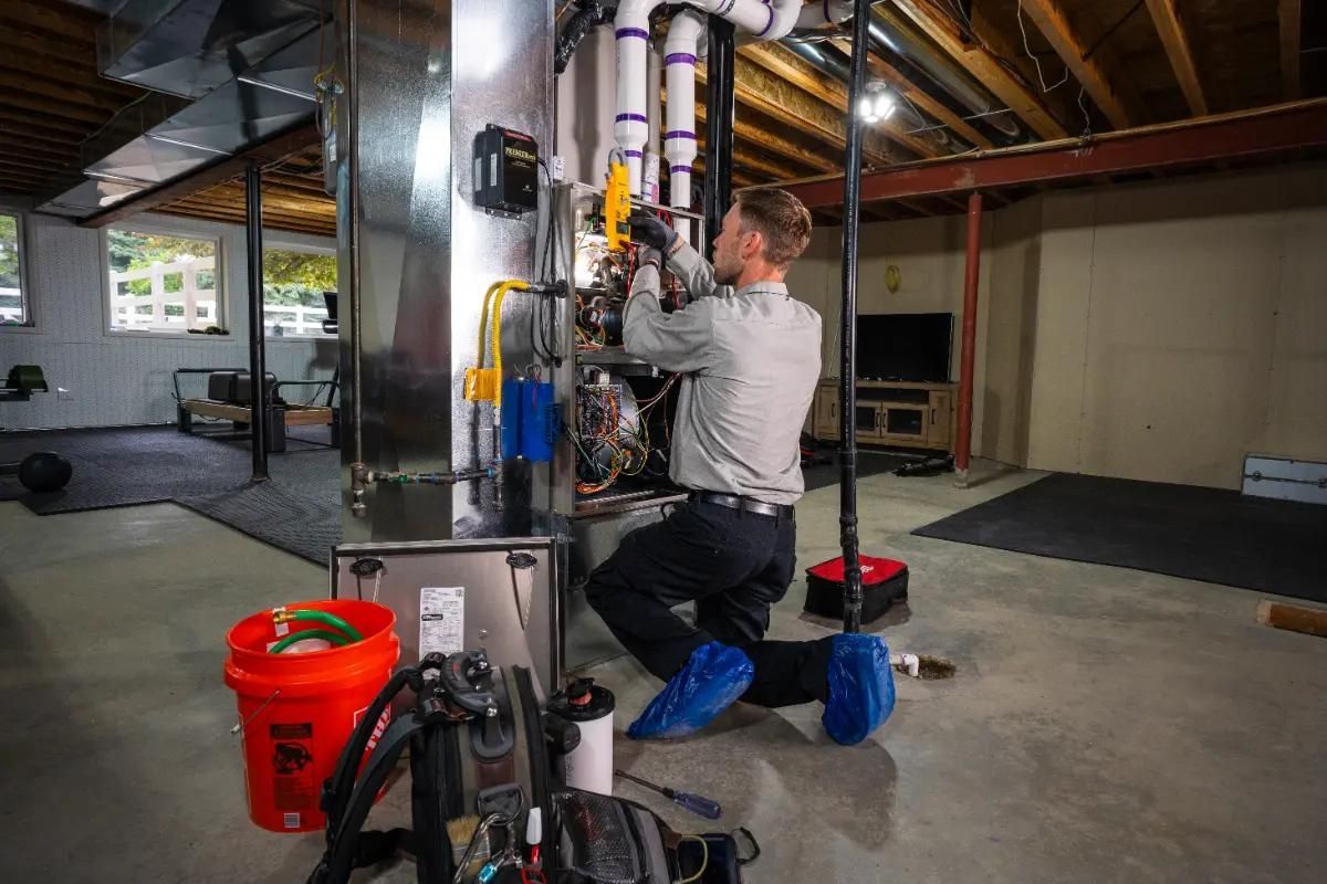 HVAC technician performing maintenance services on a furnace in basement