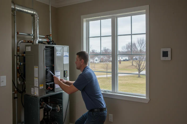 HVAC technician inspecting a furnace beside a window in a home interior