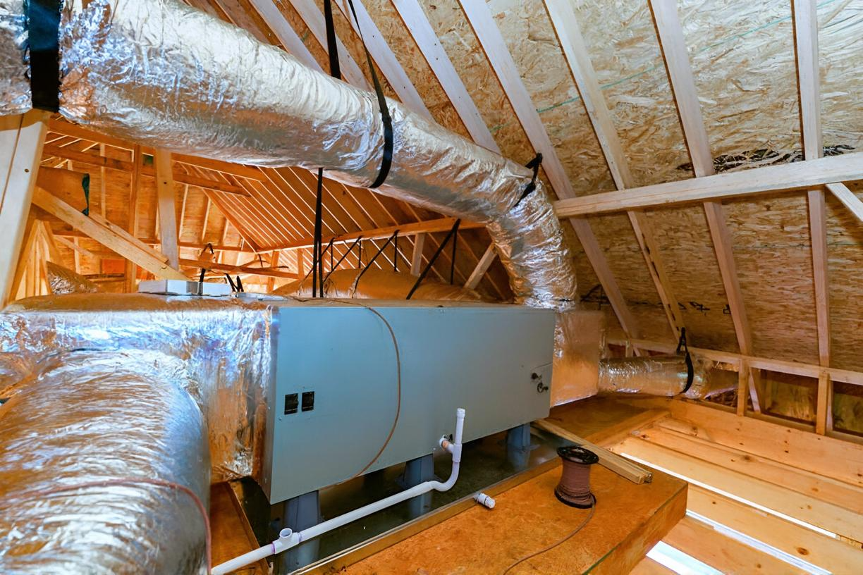Attic with exposed rafters, silver ductwork, and a gray HVAC unit in a wooden loft space