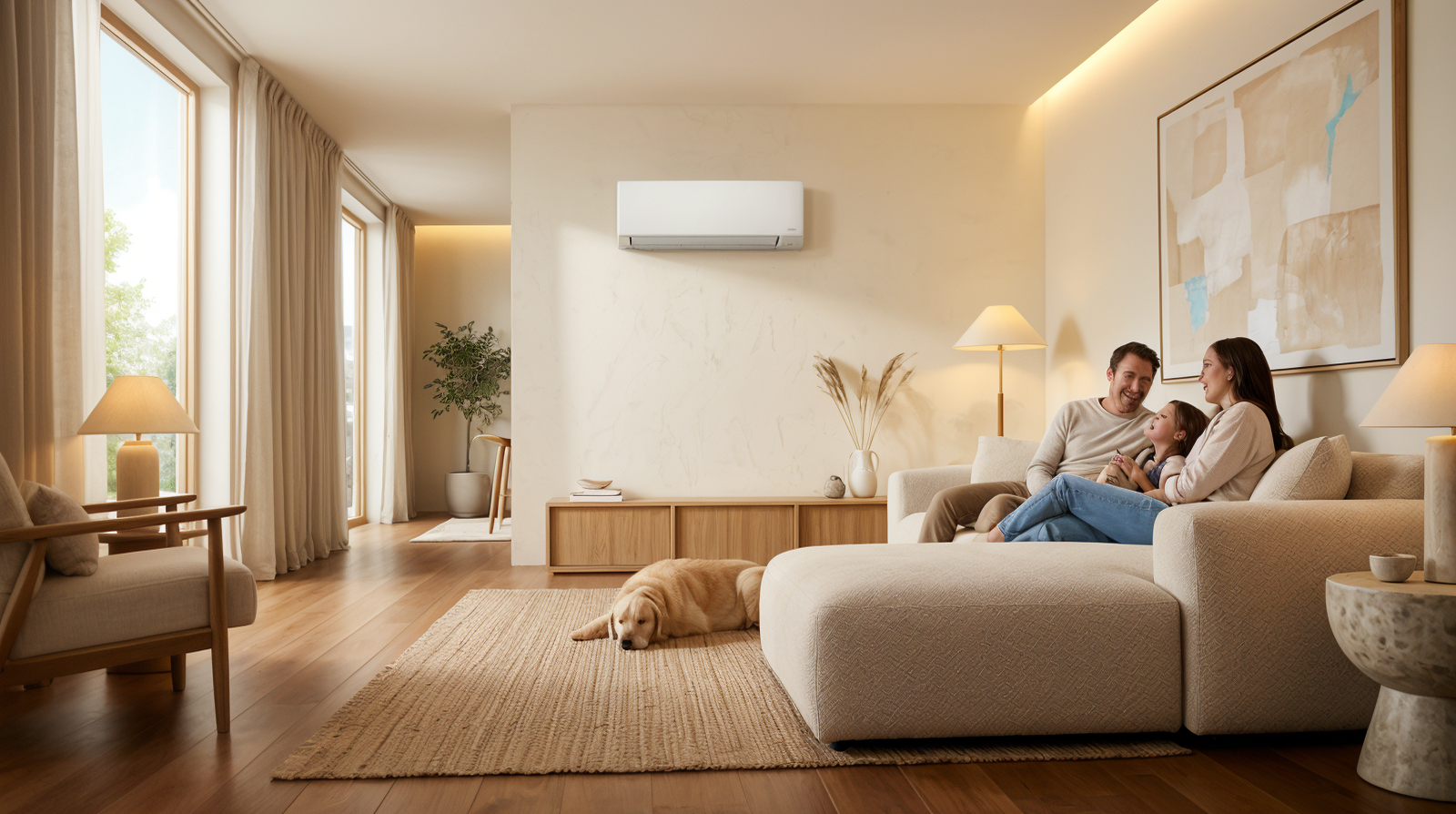 Bright beige living room with a couple lounging on a sofa, dog on a rug, and warm daylight by large windows.