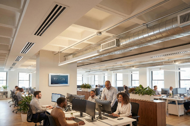 Modern office meeting with people around a table in a bright open workspace with open air duct system showing