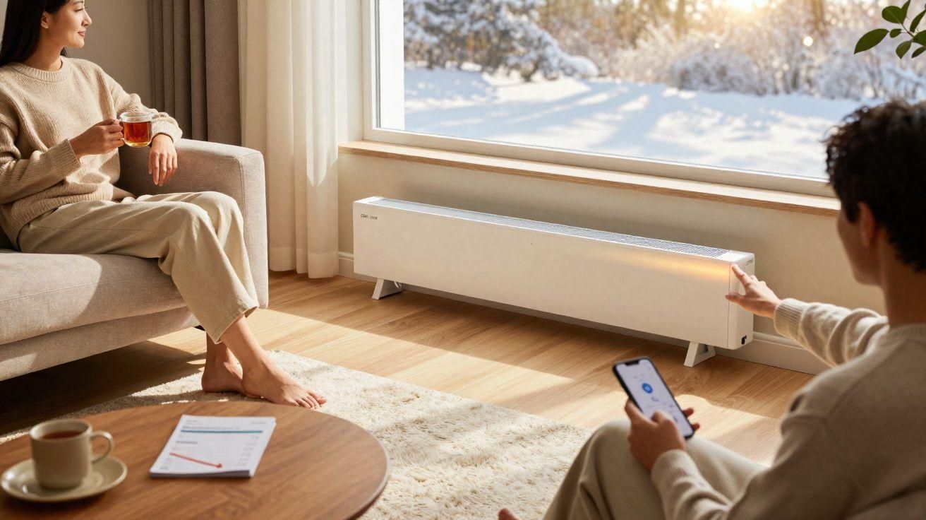 Two people relaxing in a bright living room, one pointing at the window with snow outside