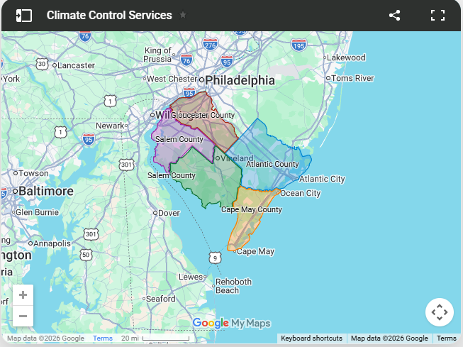 Service area map outlining Atlantic, Cape May, Cumberland, Gloucester, and Salem Counties in New Jersey