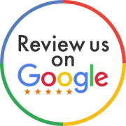 “Review us on Google” logo with multicolor Google text and five orange stars in a circular ring