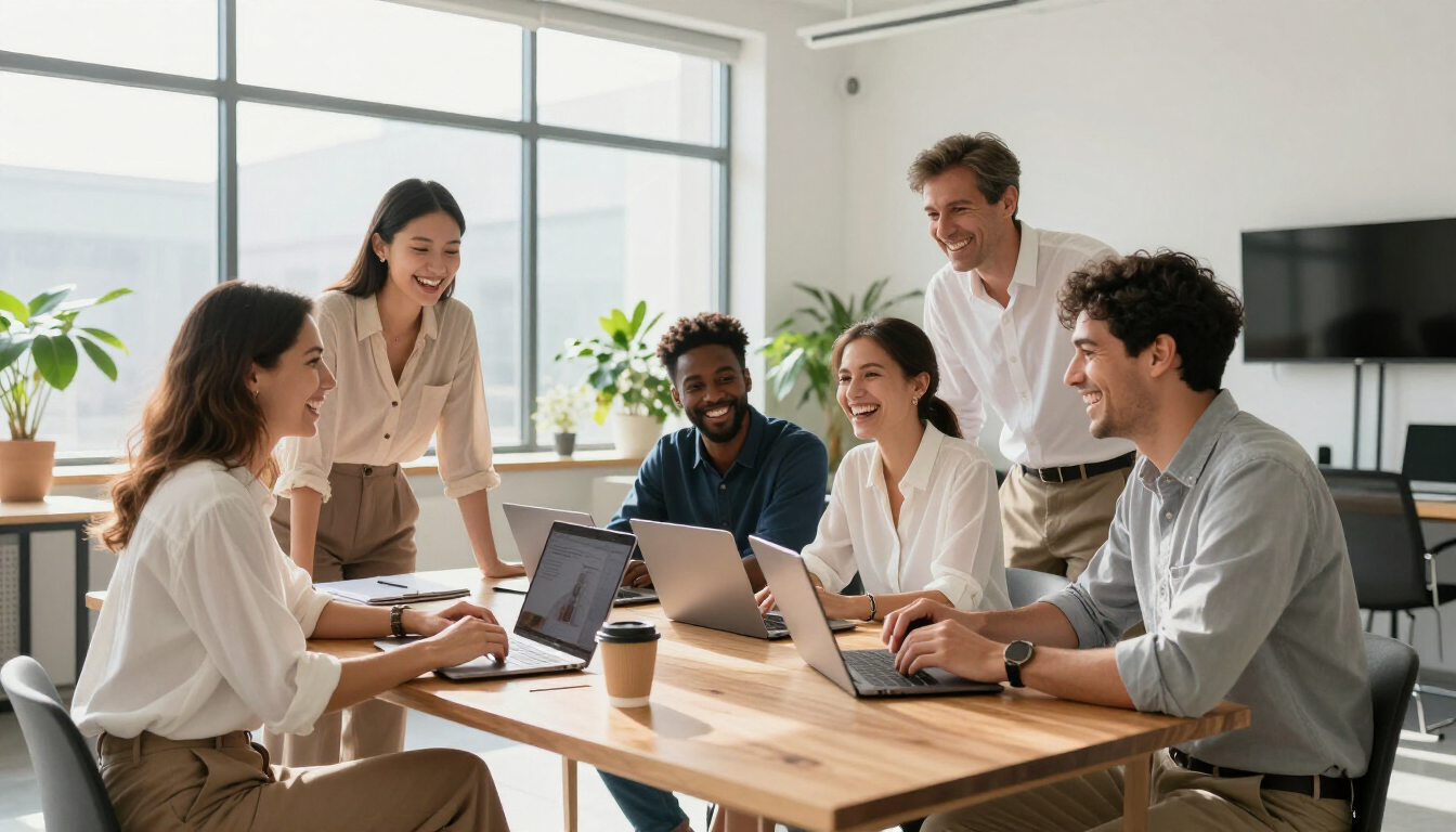 Team meeting in a bright office, with five coworkers gathered around a table and laptops.