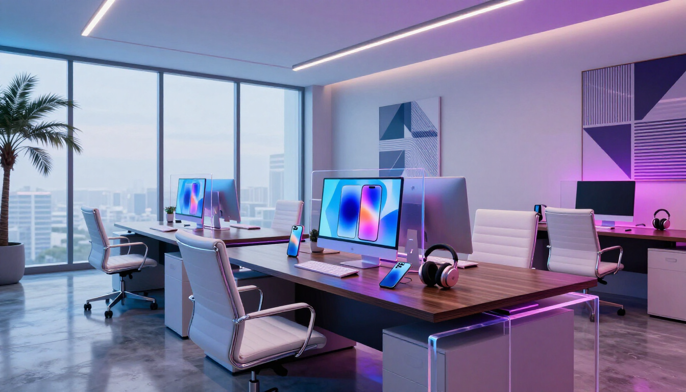 Modern open-plan office with dual monitors, desks, and purple ambient lighting near large windows