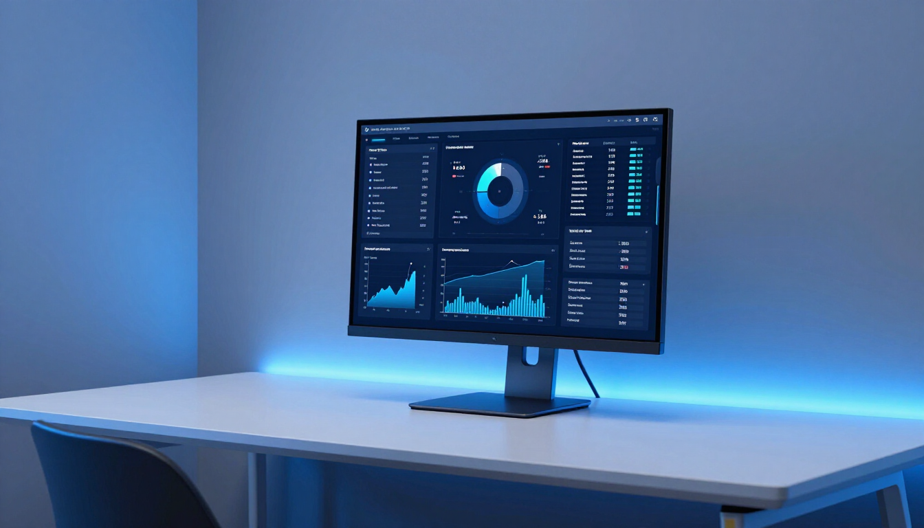 Blue-lit desk with a computer monitor displaying analytics dashboards