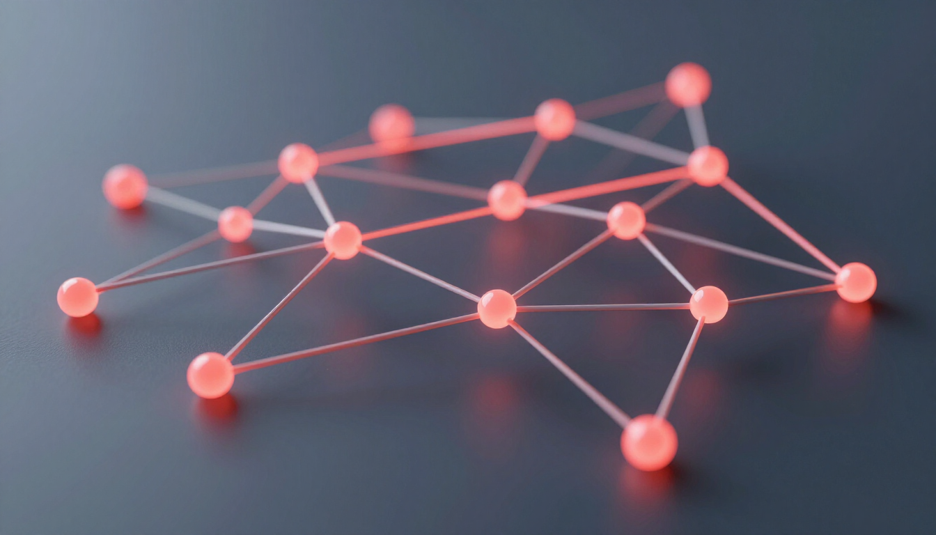 Abstract network of glowing pink nodes connected by thin lines on a dark background