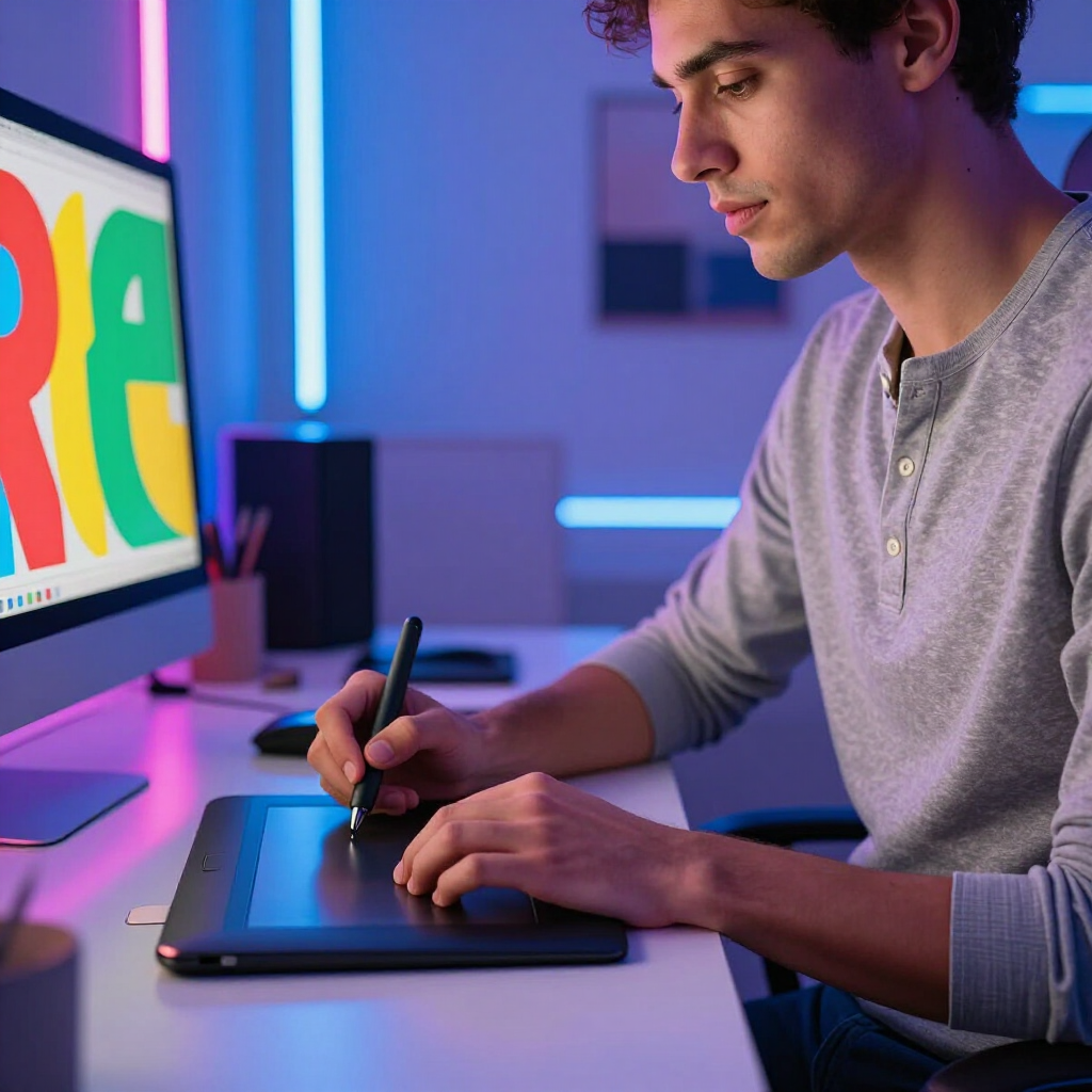 Person using a stylus on a drawing tablet beside a colorful monitor in a neon-lit workspace