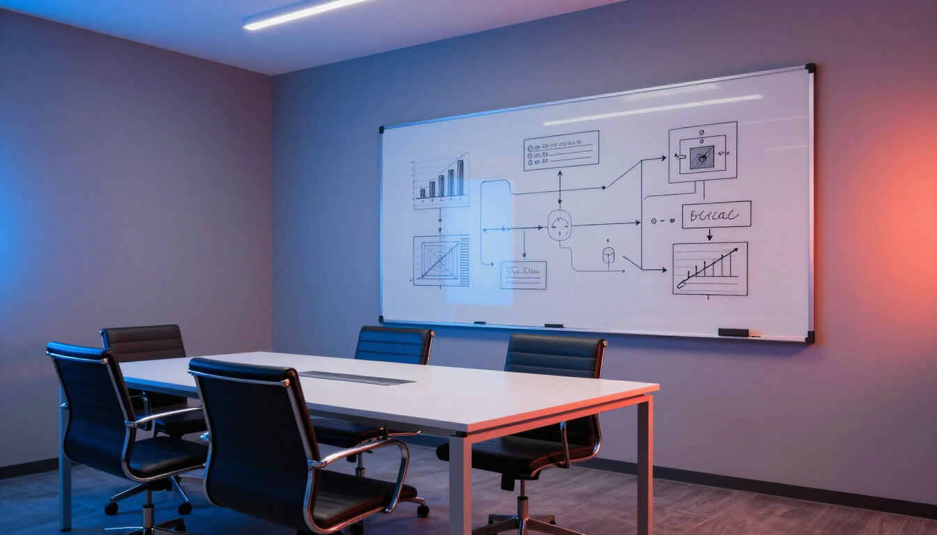 Conference room with a whiteboard covered in diagrams, blue chairs, and a table in cool lighting