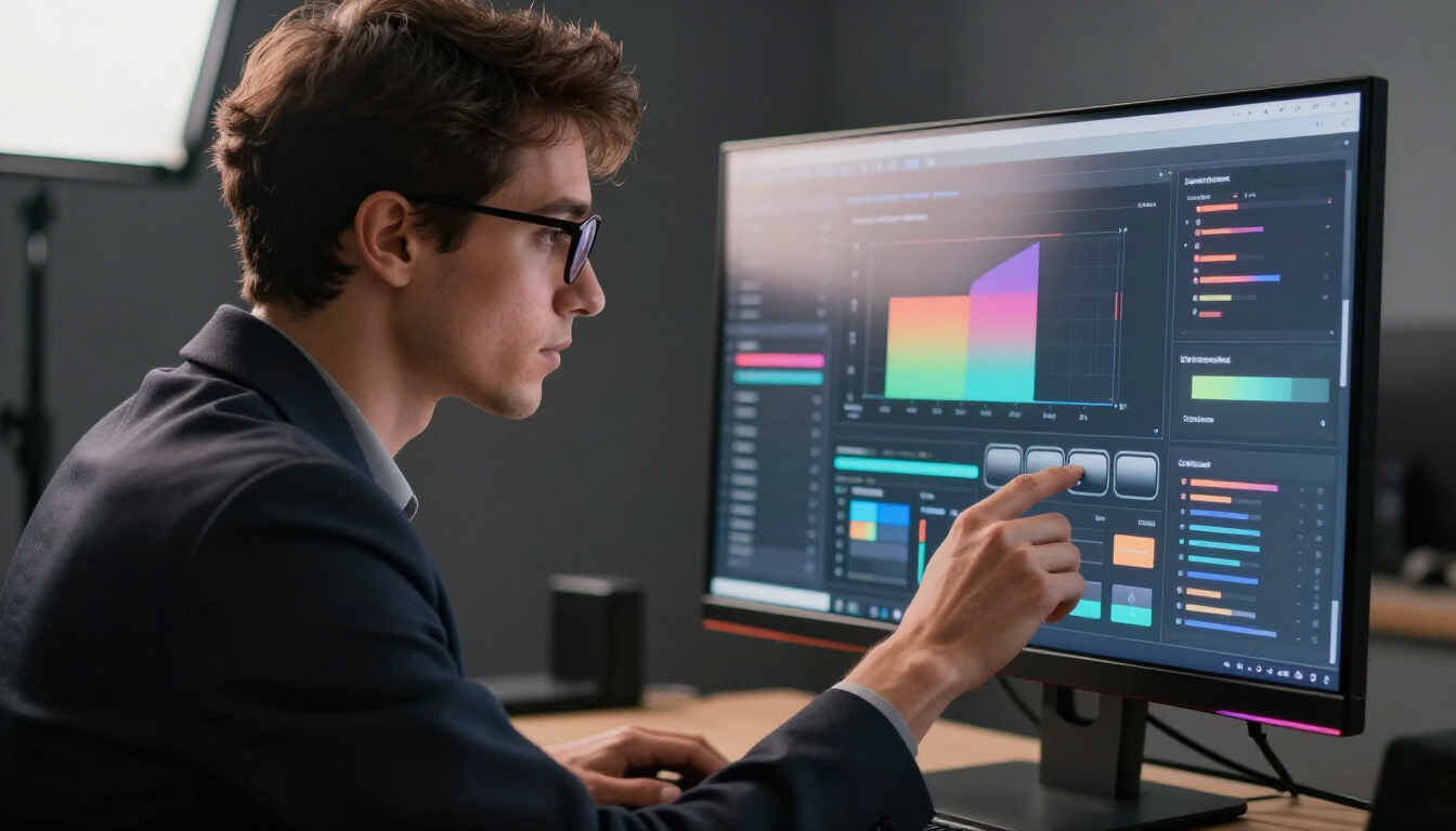 Person working at a desk, pointing at a colorful analytics dashboard on a computer monitor