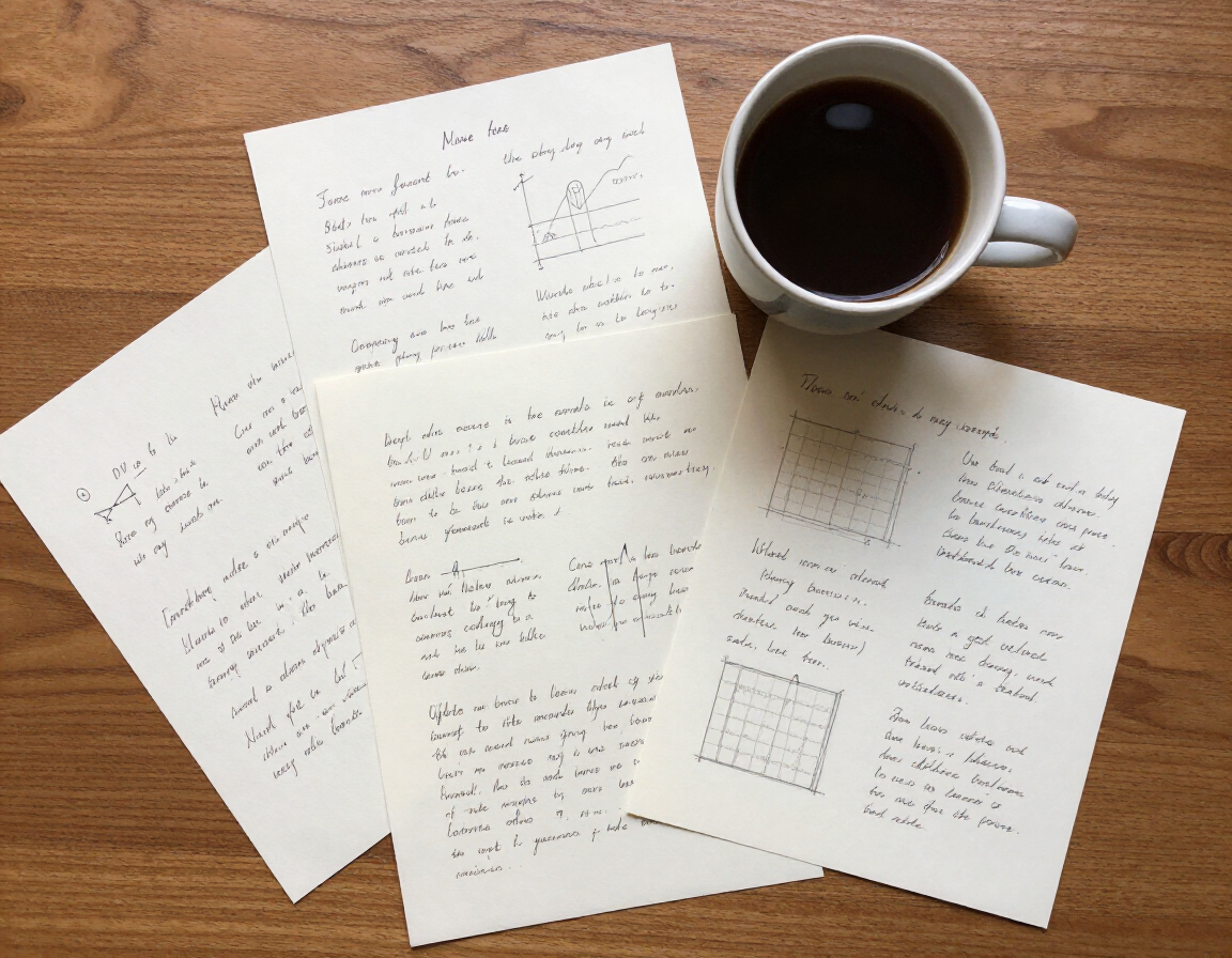 Handwritten notes spread on a wooden desk beside a cup of black coffee