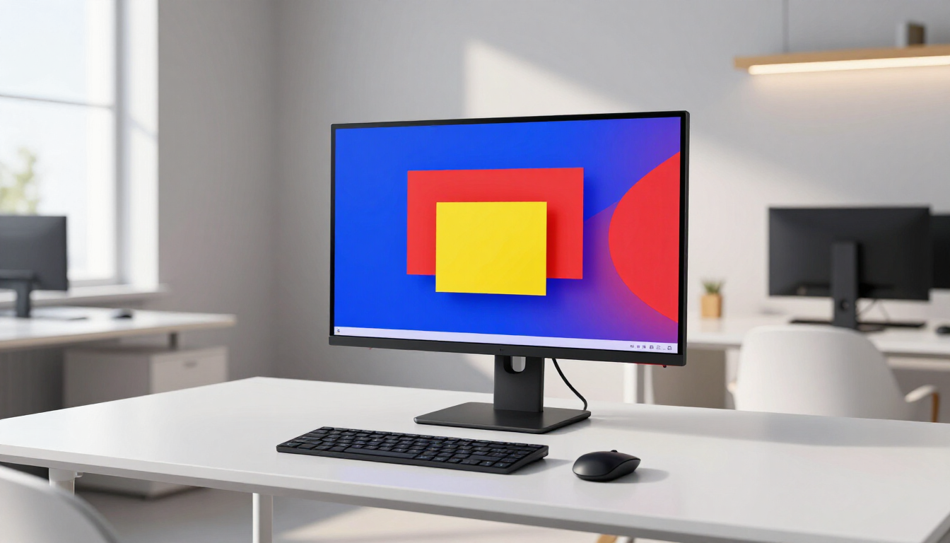 Modern office desk with computer monitor showing colorful geometric shapes