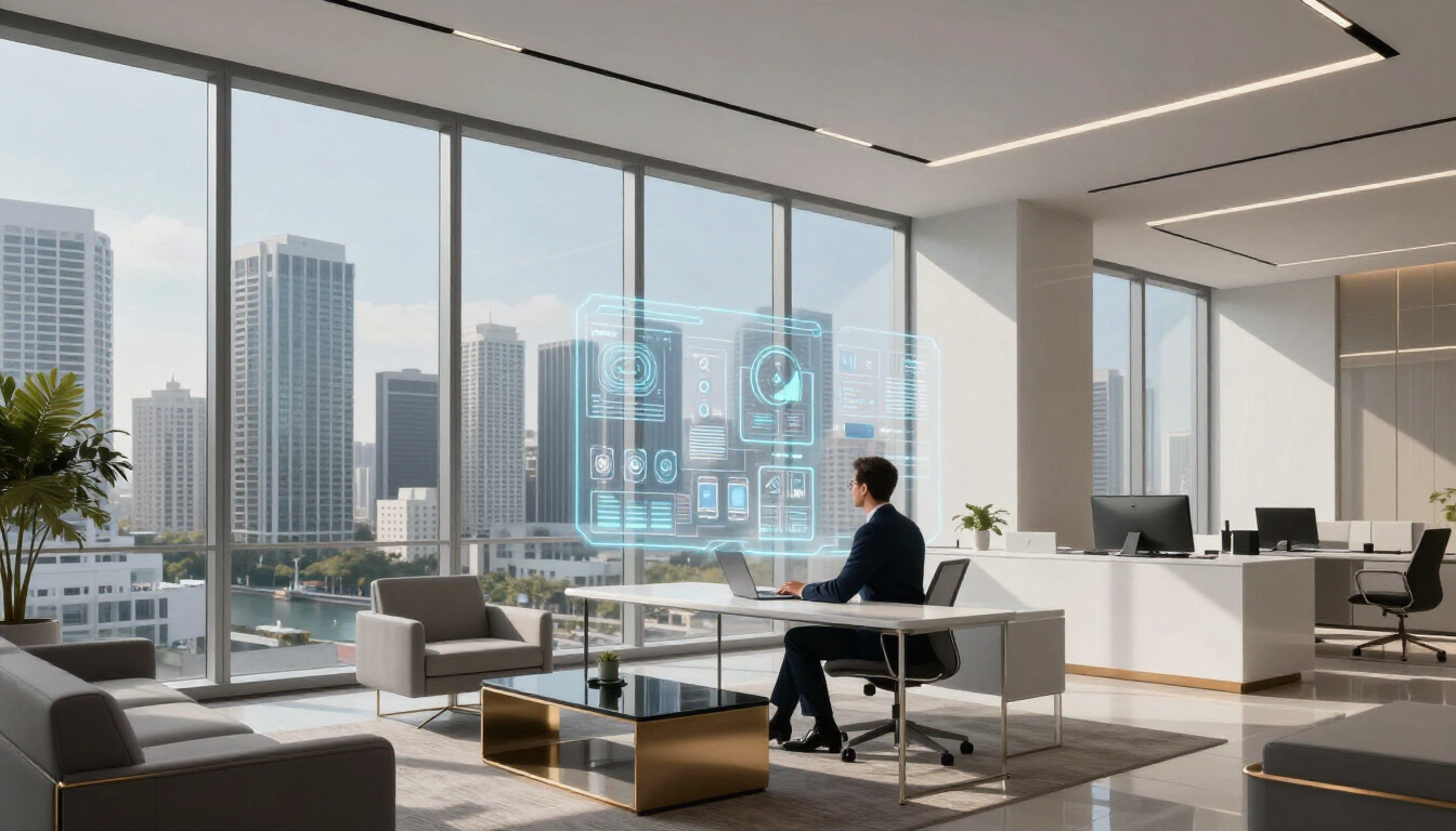 Modern Miami office with AI-integrated web design concepts.