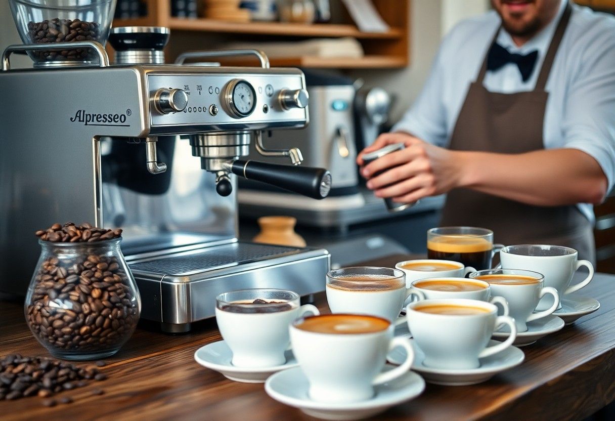 Coffee machine in a café with cups of espresso on a wooden counter and a barista behind it