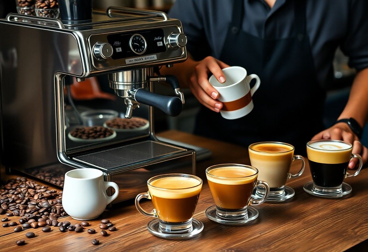Coffee machine pouring espresso into cups on a wooden table beside coffee beans and a hand holding a cup